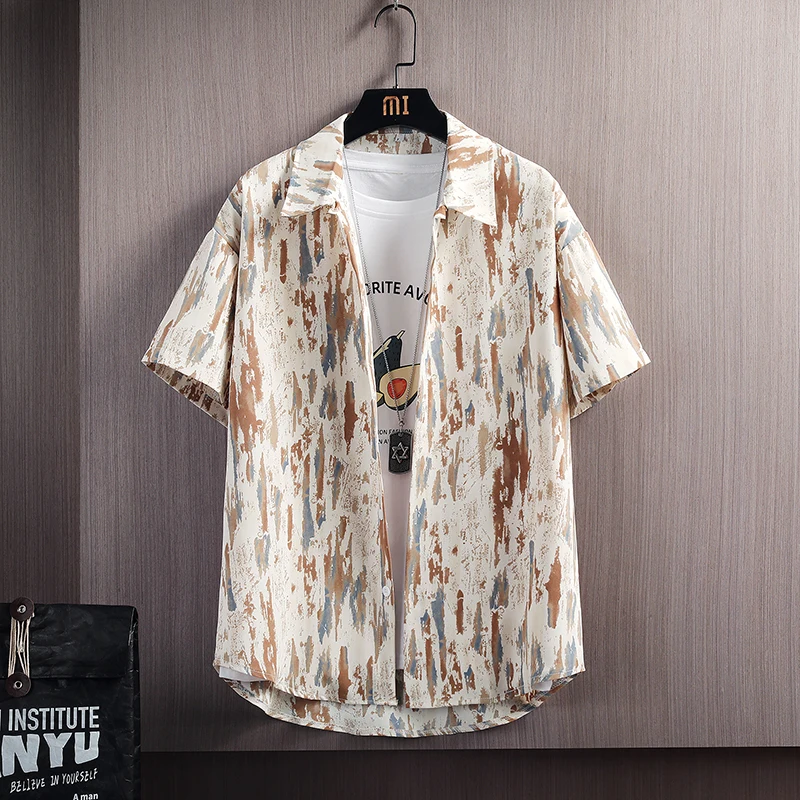 7XL ~ m ultra thin port style short sleeve shirt men's 2021 summer new large ice silk breathable fashion printed air conditionin