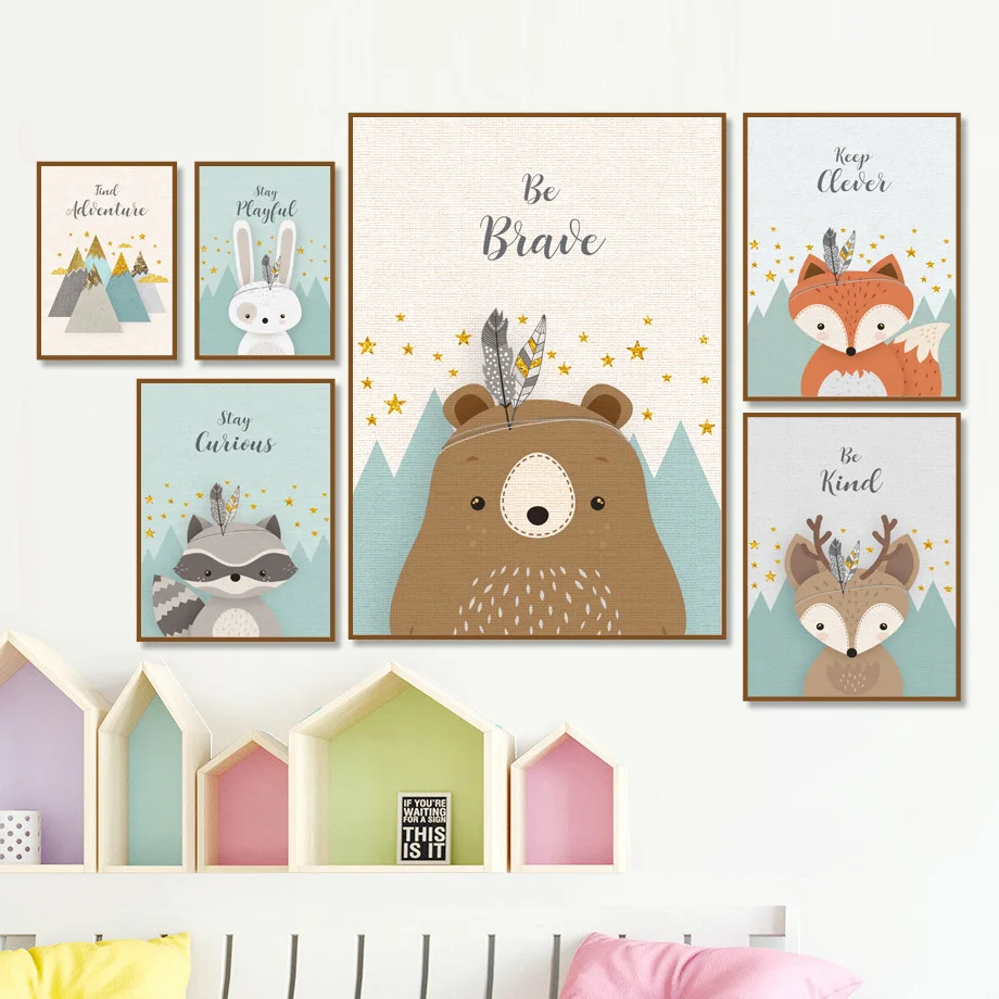 

Bear Rabbit Fox Deer Nursery Wall Art Canvas Painting Cartoon Nordic Posters And Prints Wall Pictures Girl Boy Kids Room Decor