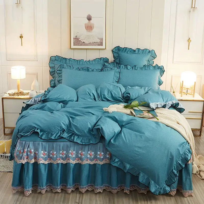 

Cotton Korean bed skirt four-piece cotton princess style lace three-piece bedding