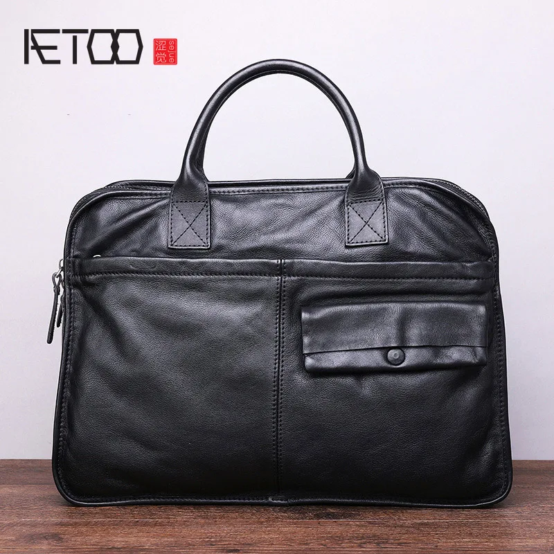 

AETOO First layer cowhide men's handbag, casual business briefcase, large-capacity computer bag, leather messenger bag