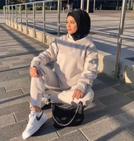 muslim sportswear winter hooded sweater sweatshirt fleece solid color causal two piece set top and pants modest islamic clothing