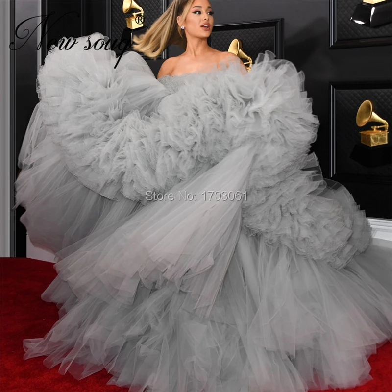Tiered Tulle Dubai Celebrity Gown 2020 Newest Design Puffy Strapless Evening Dresses For Special Occasion Gray Arabic Prom Dress | Свадьбы и