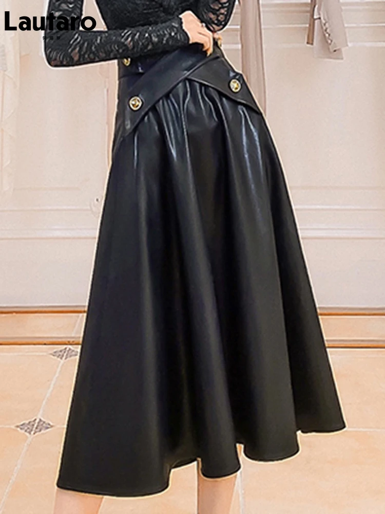 Lautaro Черная юбка-миди из искусственной кожи с высокой талией для женщин Длинные