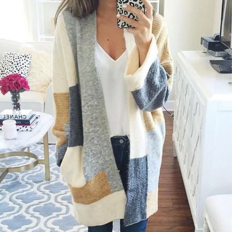 Женские повседневные контрастные Цвет длинные кардиганы на осень и зиму Модные