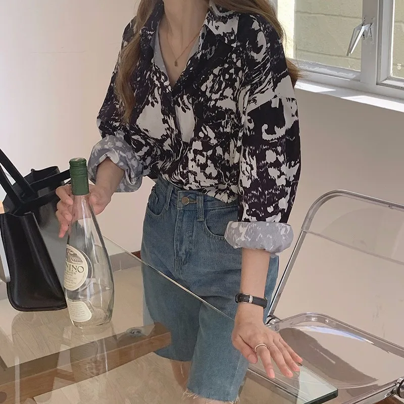 

Women's Blouse Lapel Ink Painting Patterns Long Sleeves Thin Loose Tops Wholesale Spring Summer 2021 New Female Clothing