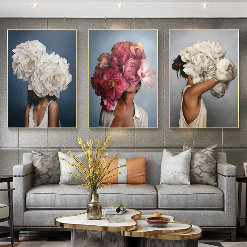 

Modern Nordic Floral Feather Woman Abstract Fashion Style Canvas Painting Art Print Poster Picture Wall Living Room Home Decor