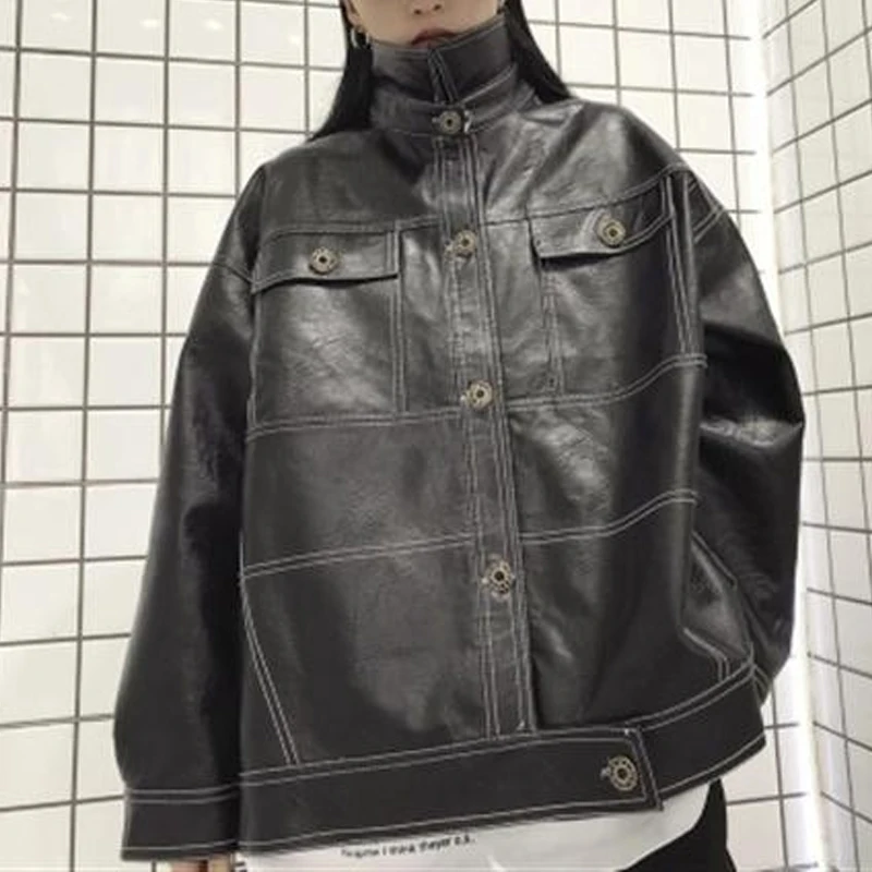 

Harajuku Vintage Leather Jacket Women Korean Loose Moto Biker Zipper Jacket Female 2021 Spring Chic Large Size Women's Clothing