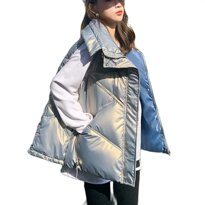 

Women Winter Short Glossy Windproof Bubble Vest Coat Outwear Overcoat Oversized Puffer Jacket Cotton Padded Parkas