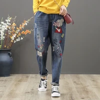 mom jeans high waist vintage clothes jeans for women embroidery elastic waist denim pants casual ankle length harem trousers