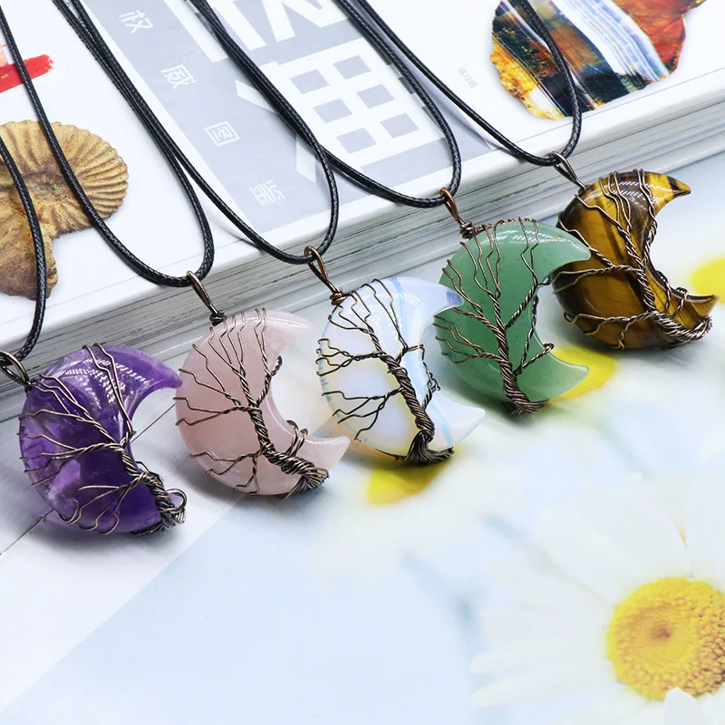 

1PC Natural Moon Shape Crystal Reiki Polished Mineral Jewelry Pendant Tree of Life Healing Stone Precious Stones Gift