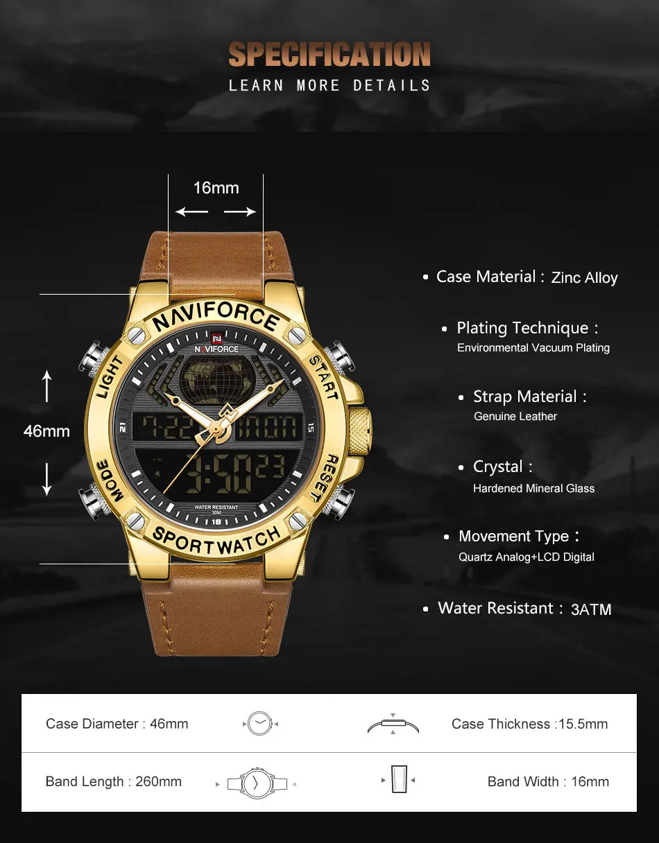 NAVIFORCE, роскошные золотые мужские часы, спортивные, светодиодный, цифровые, кварцевые часы, военные, кожа, водонепроницаемые часы для мужчин, Relogio Masculino