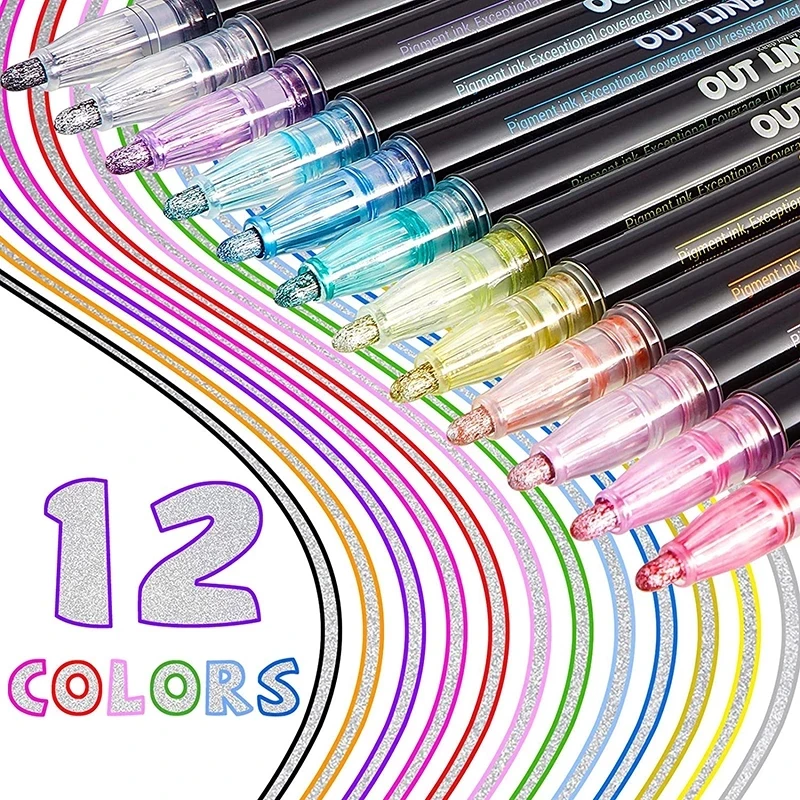 

12 Color Double Line Outline Pen Set Metallic Color Magic Highlighter Marker Child Adult Glitter for Drawing Painting Doodling