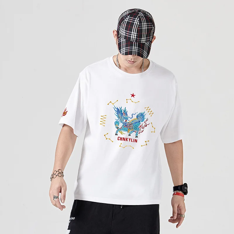 

2021 New Chinese Kylin Embroidery Men's O Neck Short Sleeve T-shirt Male 100% Cotton Top Tee