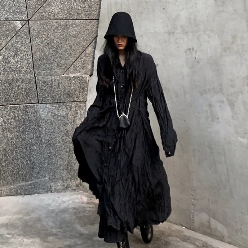 SHENGPALAE 2020 New Spring Long Dress Women Vintage Loose High Waist Slim Was Thin Elegant Black Shirt Pleated ZA2410 | Женская одежда