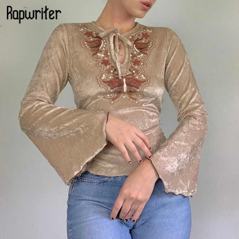 

Rapwriter Y2K Patchwork Crop Top Harajuku Printed Tshirt Aesthetic Khaki Tee Women Velvet Sweatshirt 90s Tie Up Bandage Pullover
