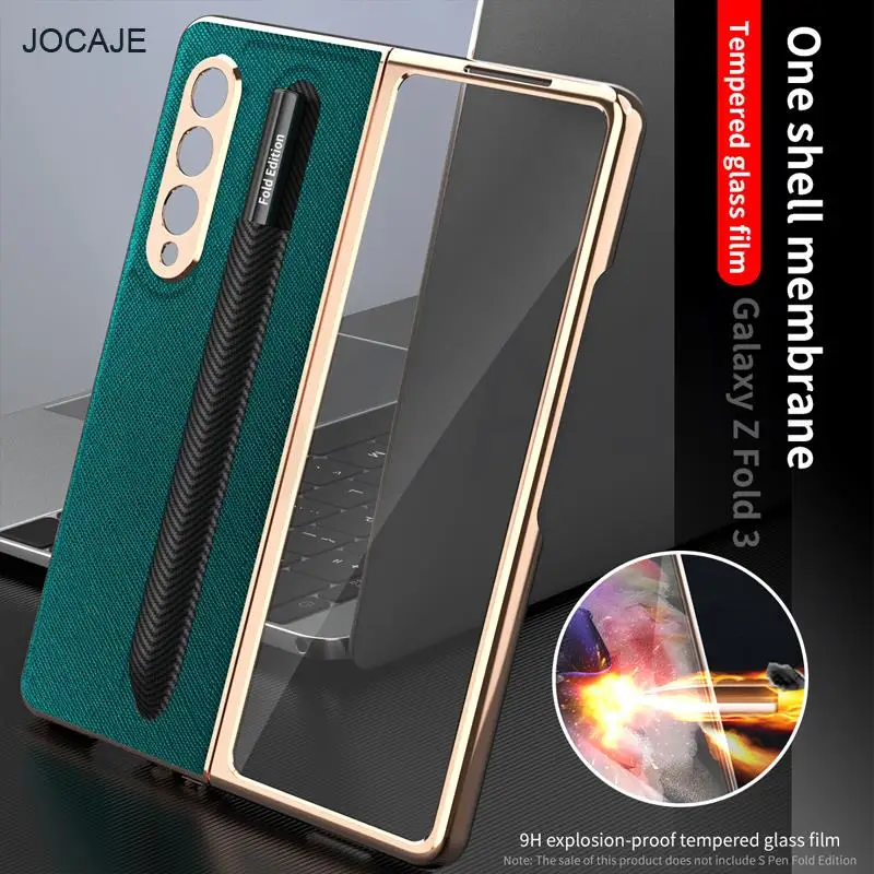 plating leather s pen slot phone case for samsung z fold 3 5g 360 full protection tempered glass film cover for galaxy z fold3 free global shipping