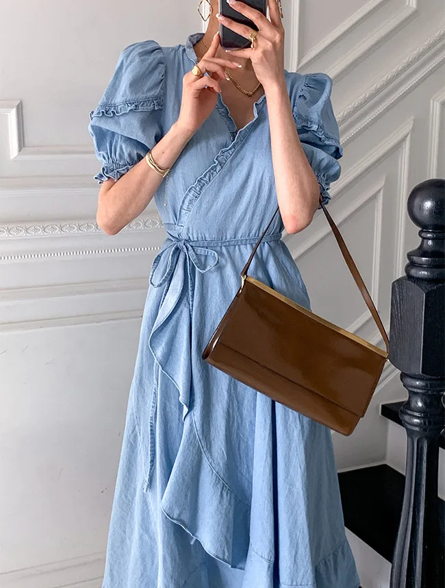 

Korean Chic Sweet Western Style Youthful-Looking Ruffled Puff Sleeve One-Piece Lace-up Waist-Tight Irregular Dress Summer