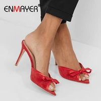 enmayer flock solid butterfly knot fashion women slides 2020 summer outside women shoes thin heels 2020 slippers women 34 43
