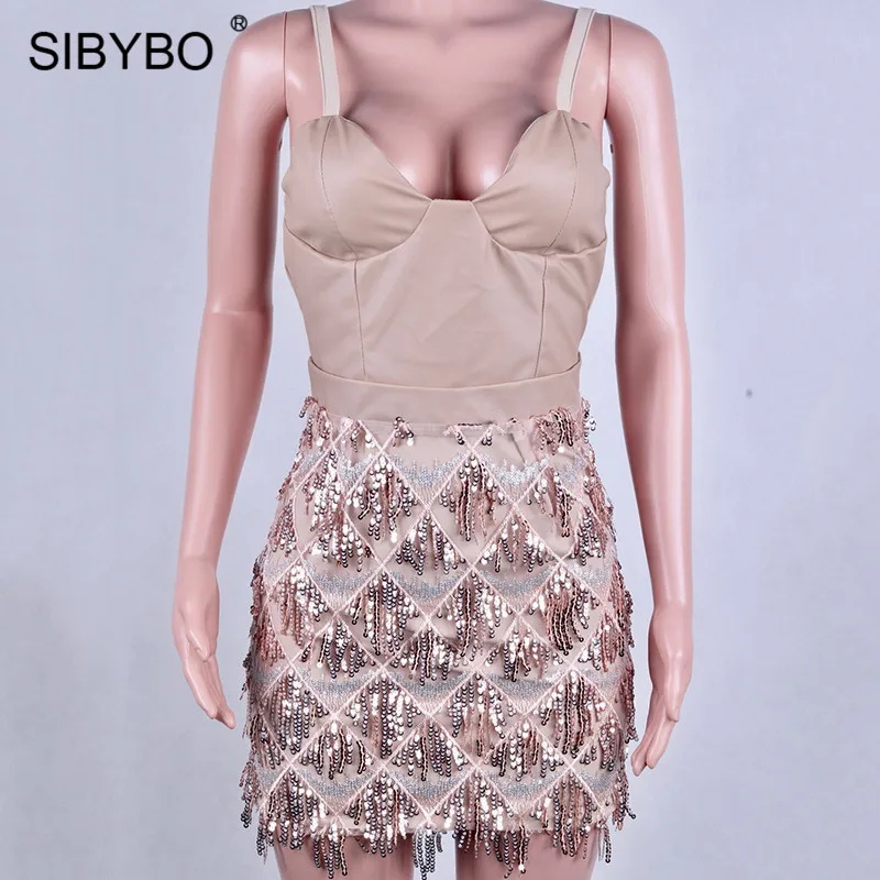 Хаки Sibybo, пэтчворк, с блестками, с кисточками, вечерние, без рукавов, на тонких бретелях, Мини, летнее, женское платье, с открытой спиной, сексуальное, короткое - Цвет: Хаки