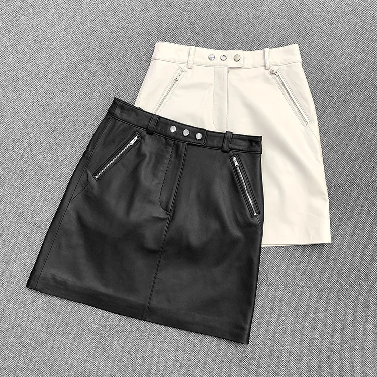 

Fashion women's Hot genuine leather mini Skirts 2021 Spring NEW Designer sheepskin High-rise leather A-line Skirt B708