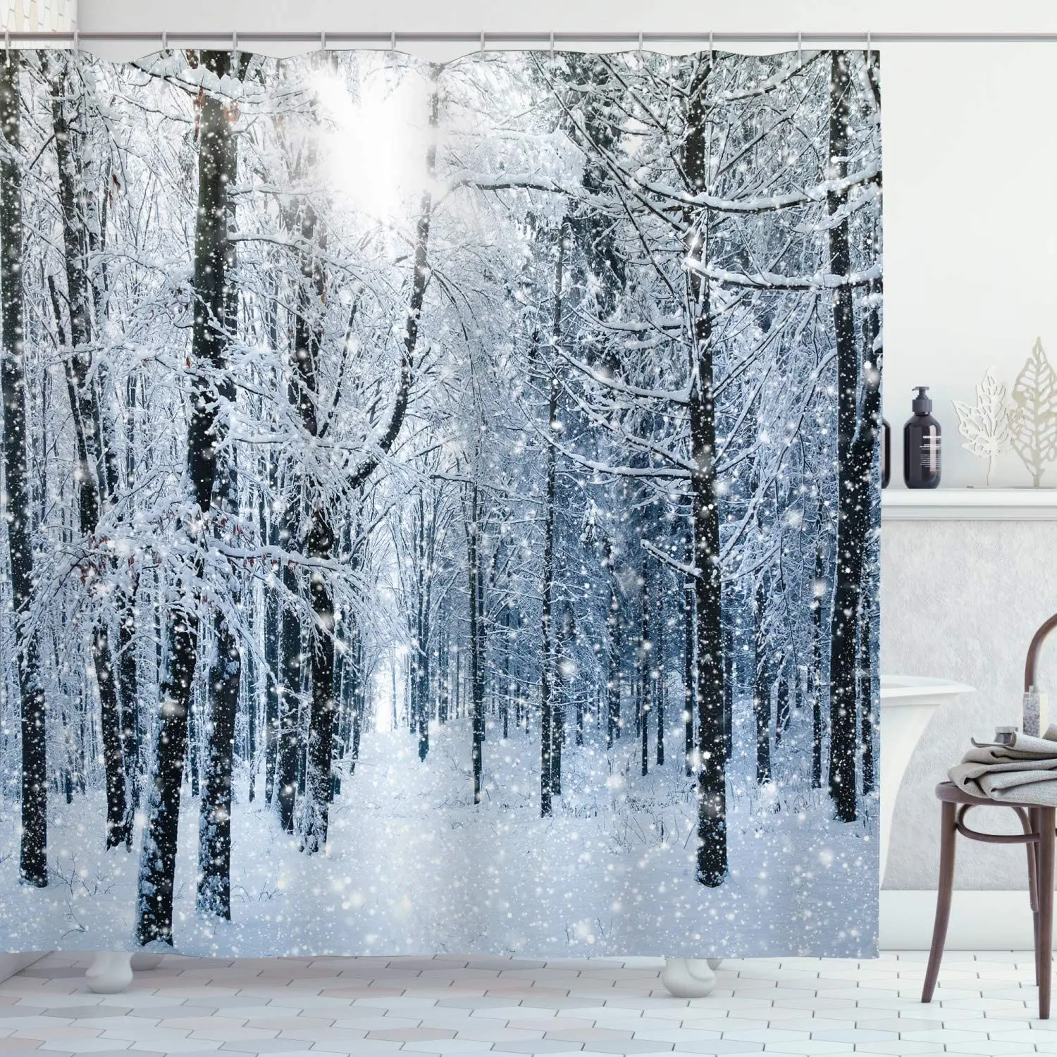 

Зимние занавески для душа, снежный лес, Ldyllic, раннее утро, пейзаж, сезонный Рождество, натуральная ткань, тканевый комплект для декора ванной ...