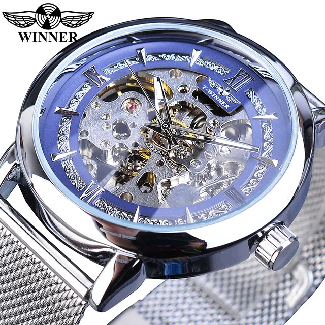 GMT1130-7 Winner мужские синие модные механические часы с ручным заводом, светящиеся стрелки из нержавеющей стали с сетчатым ремешком, деловые часы Montre Homme - Цвет: GMT1130-7