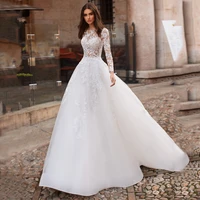 high neck long sleeve appliques lace button tulle a line wedding dress 2021 vestido de noiva bridal gown