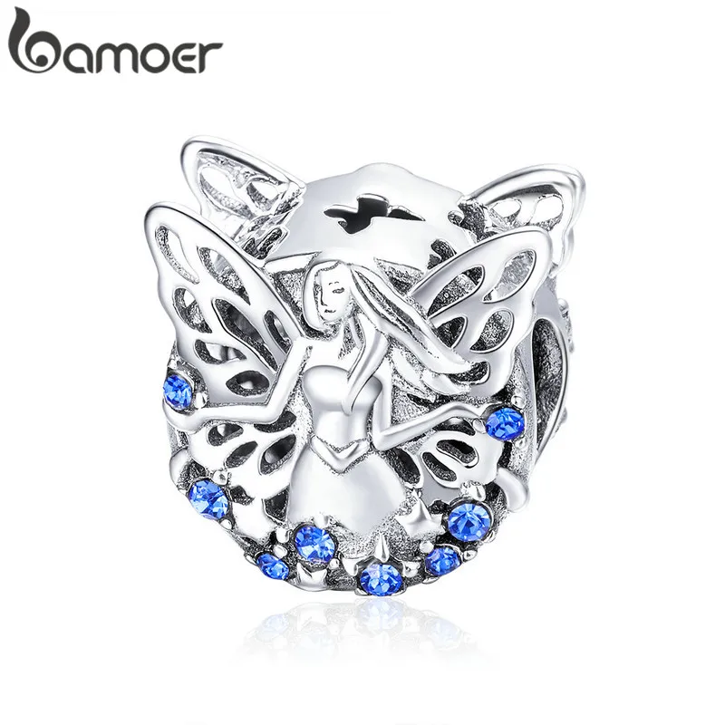 BAMOER, серебряные подвески, 925 пробы, серебро, голубая луна, лунный ангел, круглые бусины для женщин, изготовление ювелирных изделий, сделай сам, браслет, ювелирное изделие BSC070