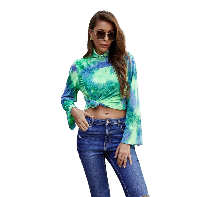 

Women Tie-dye Printed T-shirt Autumn Adult Female Loose Flare Sleeve Mock Turtleneck Pullover