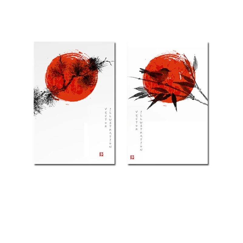 Картина с красными ветками дерева листьями птицами холст Постер и печать