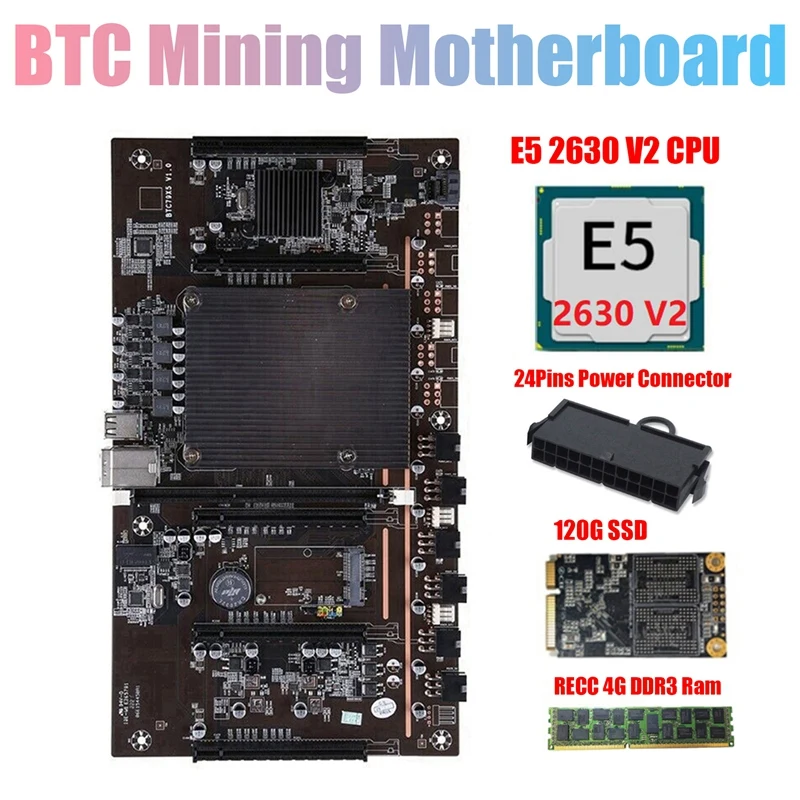 H61 X79 BTC Mining Motherboard with E5 2630 V2 CPU+RECC 4G DDR3 Ram+24 Pins Connector+120G SSD Support 3060 3070 GPU