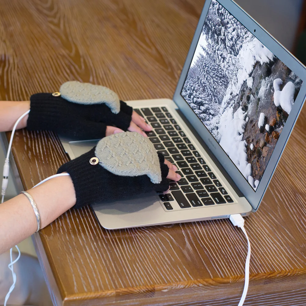 Usb elétrico luvas aquecidas inverno térmico meia-dedo