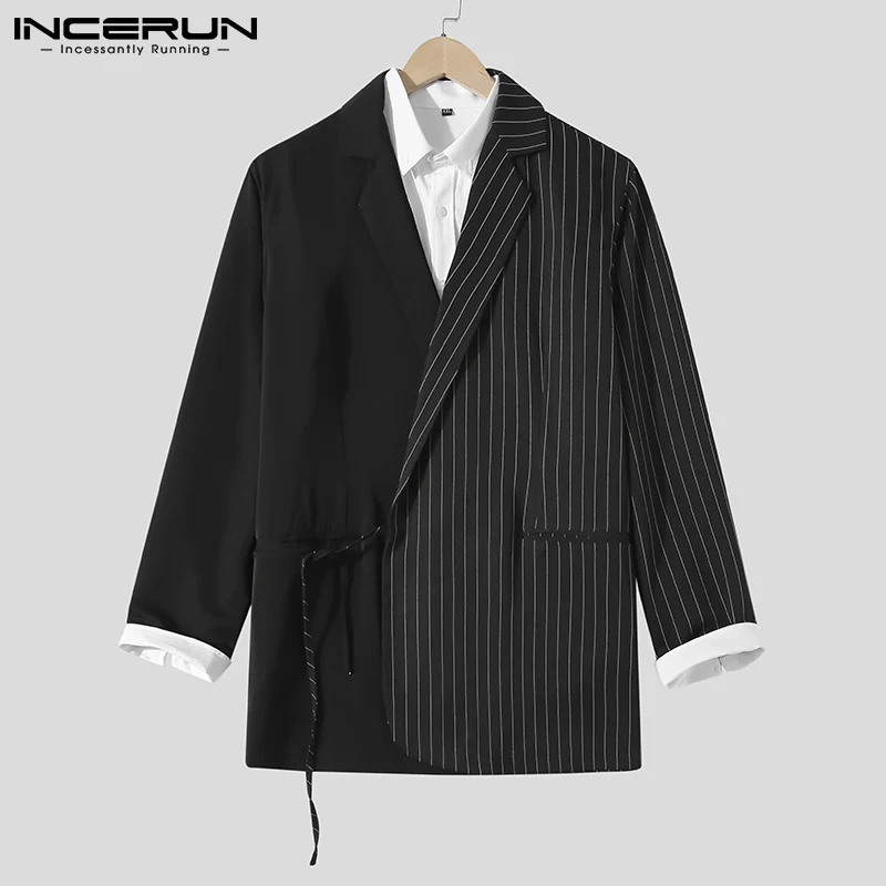 

INCERUN Fashion Men Blazer Striped Patchwork Lapel Lace Up Long Sleeve Casual Suits Men Streetwear Pockets 2021 Leisure Coats