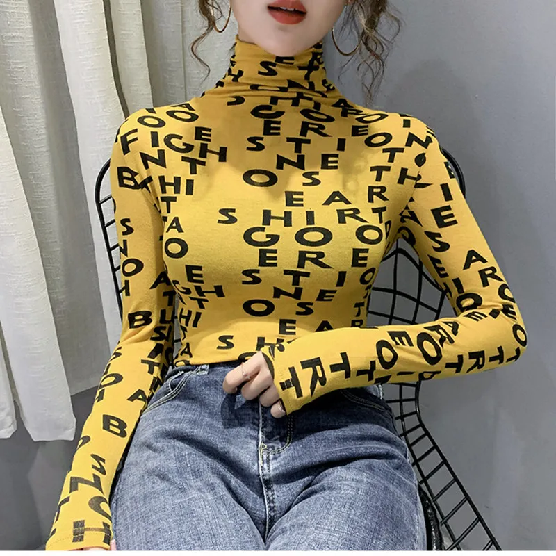 

Half-high-collar T-shirt Black-and-white Plaid Simple Bottom Shirt Temperament Goddess Slimming Blouse Trend in Spring and Autum