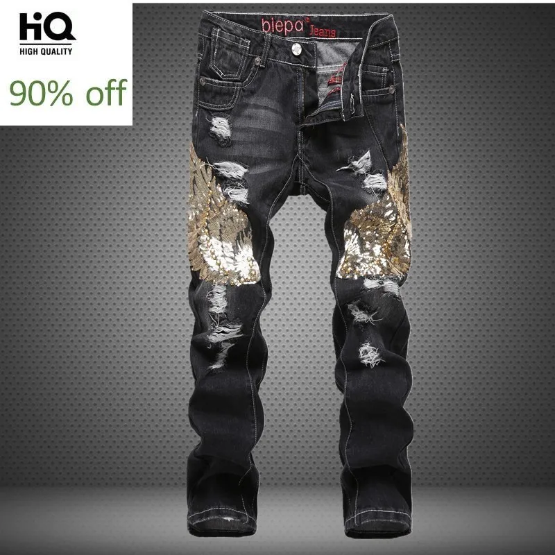Новые прямые мужские джинсы с блестками F рваные дырками вымытые джинсовые штаны