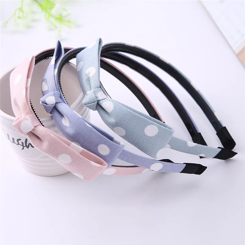 Женская повязка на голову с бантом в белый горошек эластичная синяя джинсовая