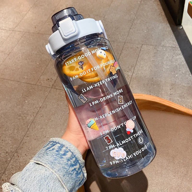 

2L Sports Straw Water Bottle with Stickers Portable Large Capacity Fitness Bike Cup Summer Ice Cold Water Jug with Time Marker