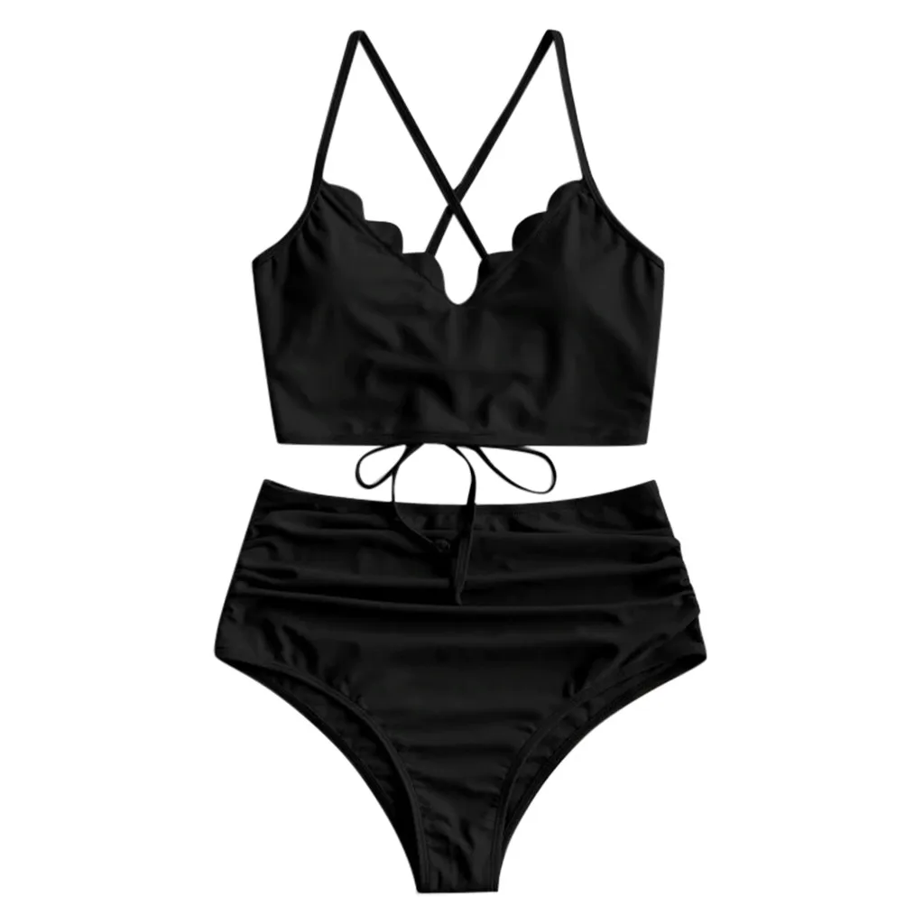 Swimming Suit 2021 Women Sexy Scalloped Lace-up Ruched Tankini Swimsuit Beachwear Female Biquini Maillot De Bain Femme |