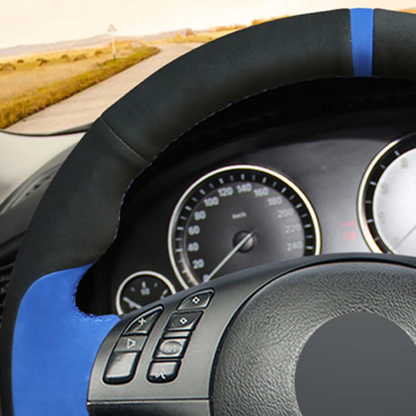 

LQTENLEO Car Steering Wheel Cover Black Blue Suede For BMW M Sport 3 Series E46 330i 330Ci E39 540i 525i 530i M3 M5 2000-2006