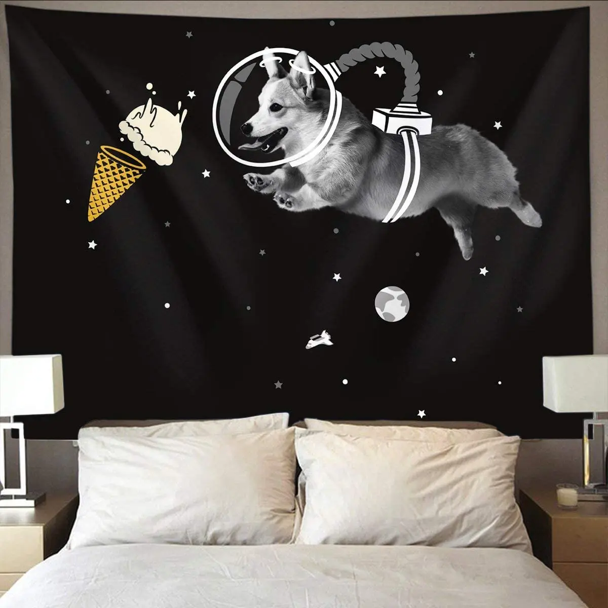 

Забавный гобелен Corgi с изображением собаки астронавта и мороженого черно-белый Галактический хиппи художественный настенный Декор для дом...