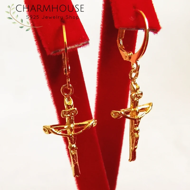 Африканские золотые GP серьги для женщин Иисус крест в форме капли 24K позолоченные