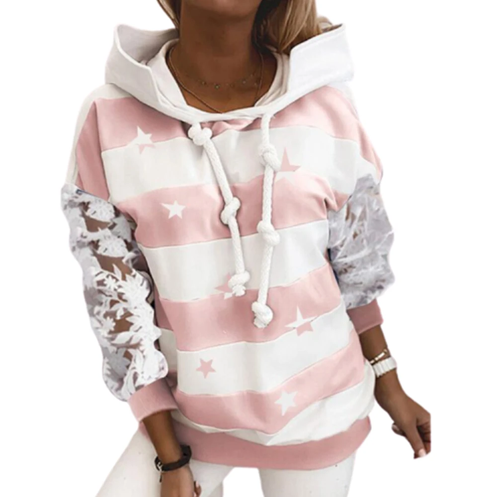 

VICABO Stars Print Women Hoodies Lace Patchwork Long Sleeve Stripe Hooded Pullover Bandage Knots Casual Loose Ladies Sweatshirts
