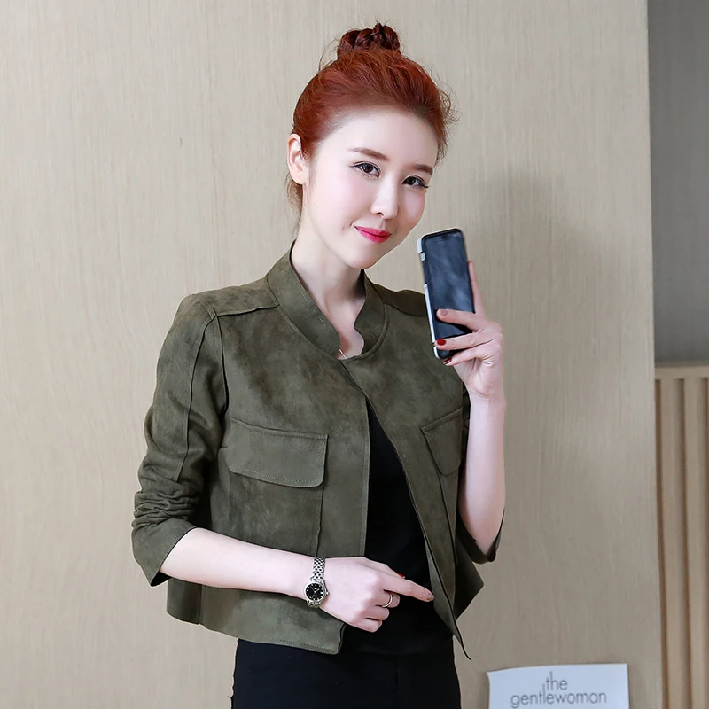 Женская замшевая куртка Gowyimmes Весенняя Короткая Повседневная с длинным рукавом