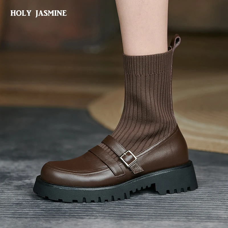 

Women Ankle Boots 2021 Autumn Winter Retro Casual Genuine Leather Knitting Slim Short Shoes Woman Platform Boots Womans Shoes