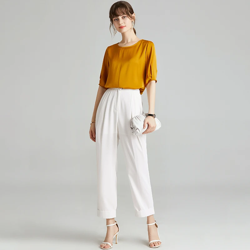 Женская модельная рубашка из чистого шелка Повседневная Блузка с круглым