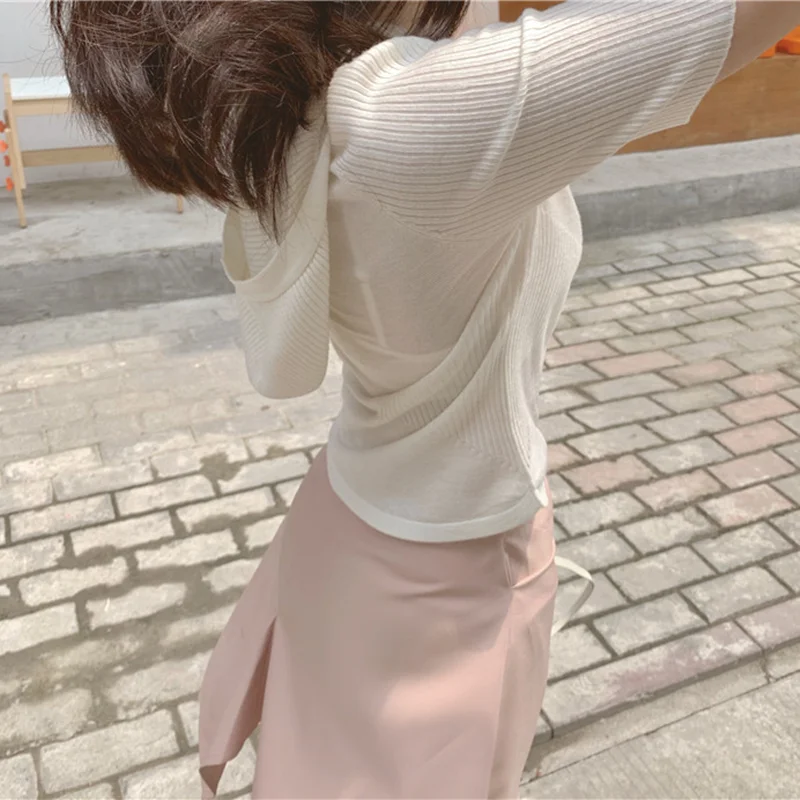 

Wool knitted hooded short-sleeved T shirt women V-neck slimming hoodie short-sleeved half-sleeved Western Korean version hoodie
