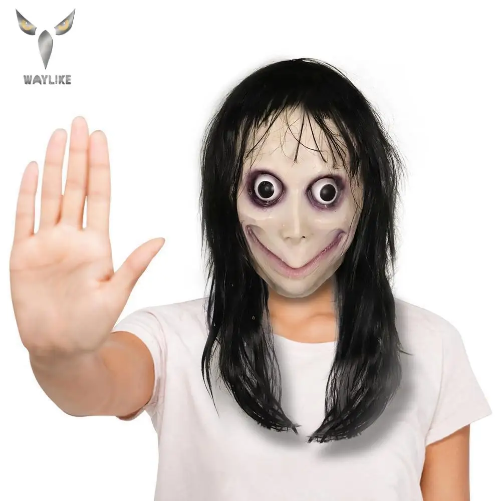 WAYLIKE MOMO Scary Hacking Game Horror Latex Mask Nicro Death Game Scary Mask Halloween Female Ghost Big Eye With Long Wigs