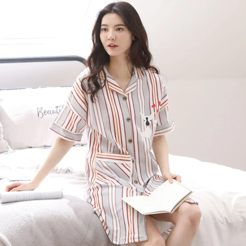 Summer New Style Ladies Short-Sleeved Cardigan Nightdress Fashion Pure Cotton Pajamas Comfortable And Cute Fresh Home Service