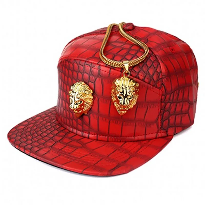 Hip Hop Rap 5 Panel Metal Gold Lion Head Logo PU Leather Baseball Cap Casual Unisex Belt Buckle Snapback Hats Men Black Red 2021