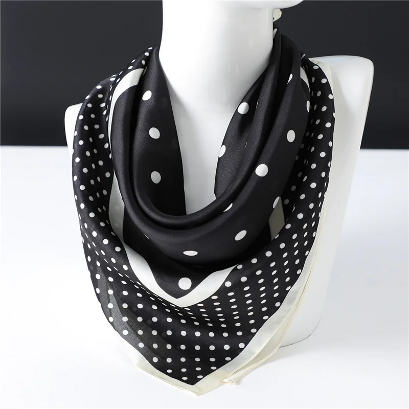 

2022 Fashion Square Silk Scarf Women Black White Polka Dot Shawls and Wraps Bag Scarves Hair Tie Bandanas Hijab 70*70Cm